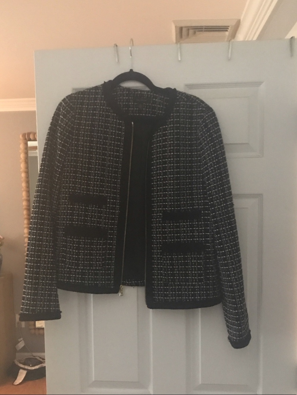 Ann Taylor Black and White Tweed Zip-Front Blazer